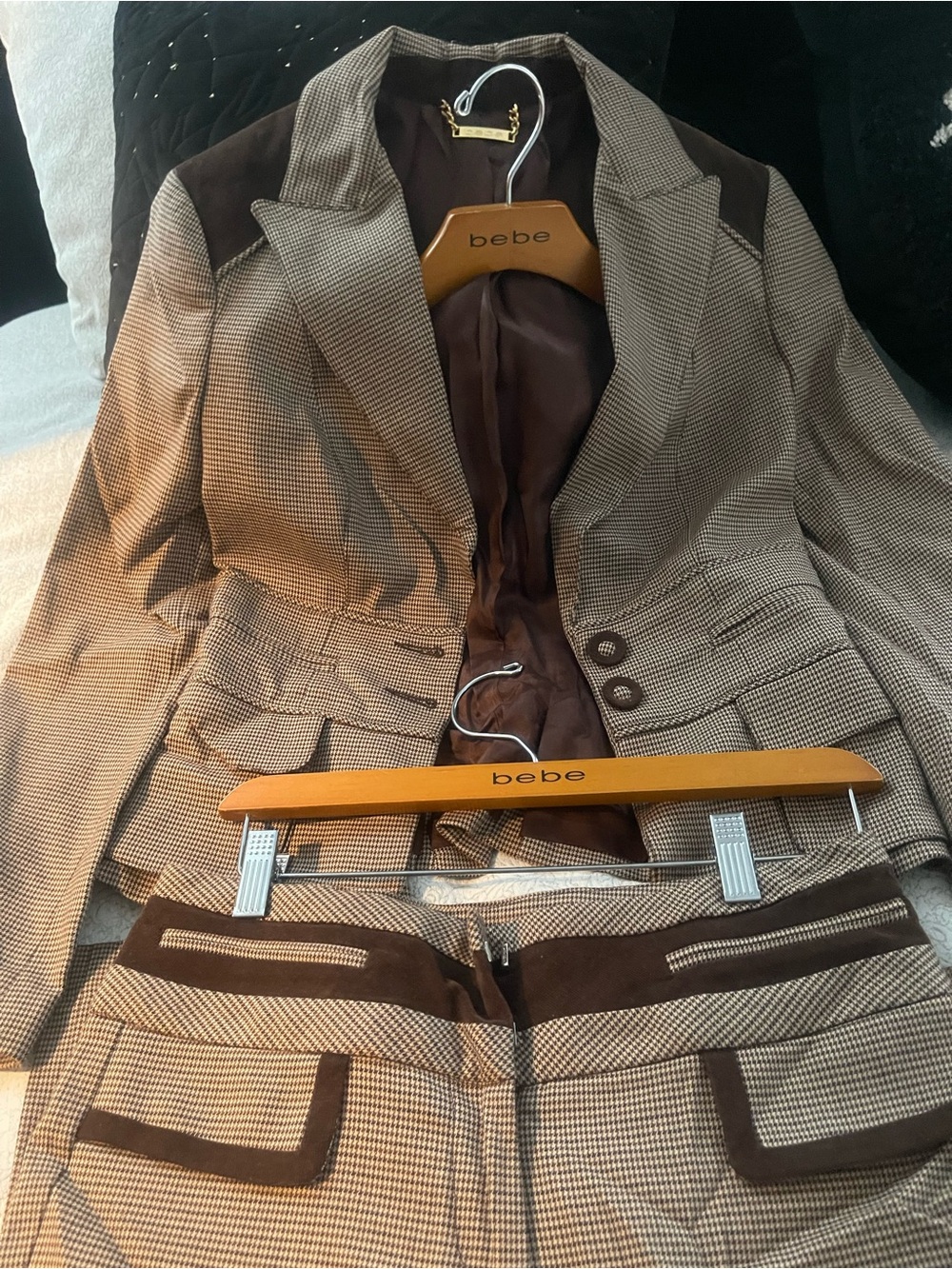 bebe Brown Houndstooth Two-Piece Suit with Dark Brown Trim